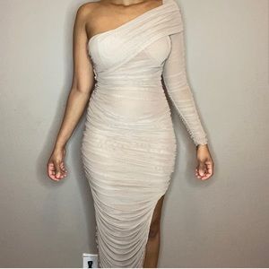 Jluxlabel tan one shoulder dress